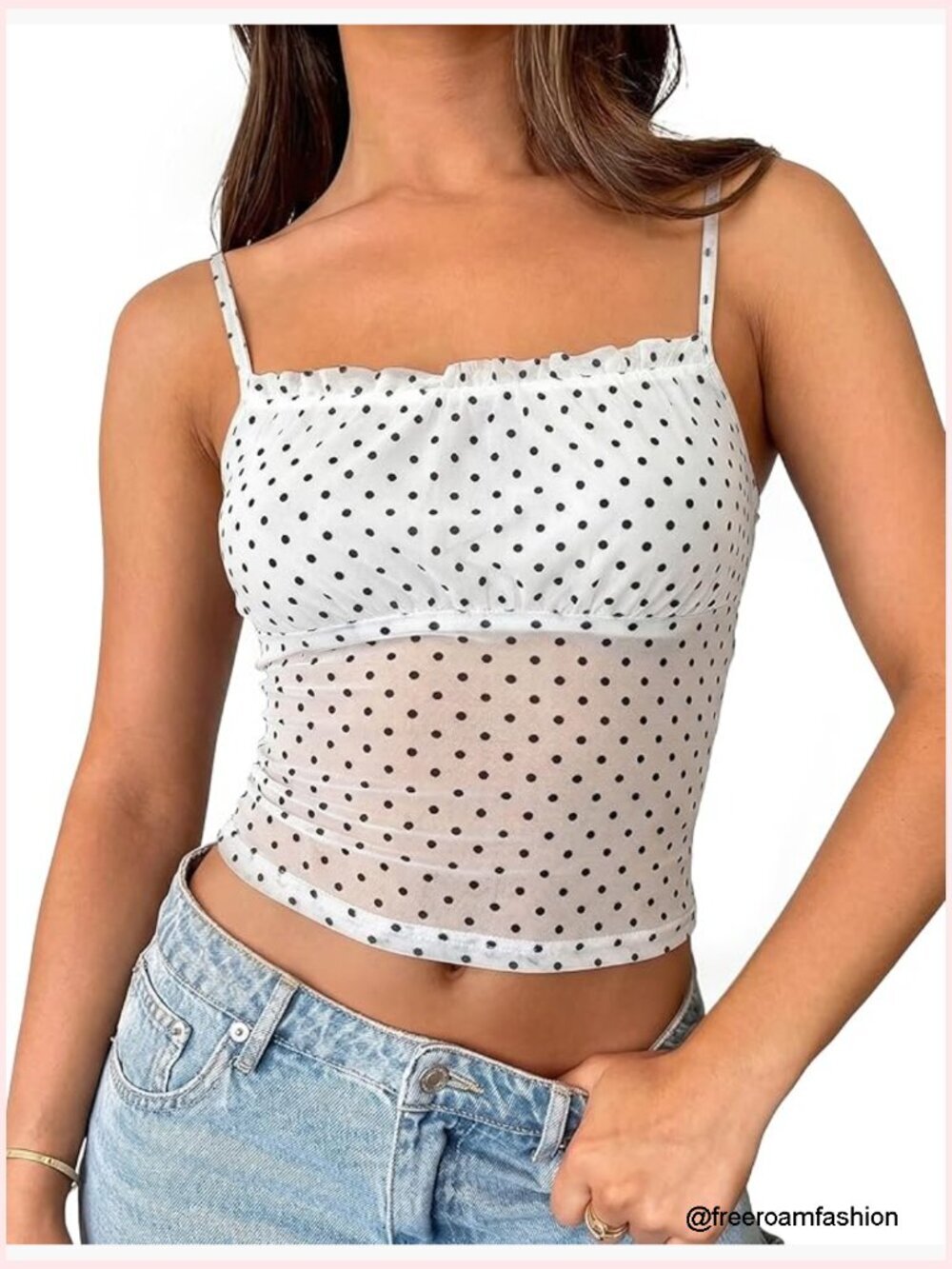 Polka Dot Mesh Crop Top Spaghetti Strap Sleeveless Going Out Tank Y2K